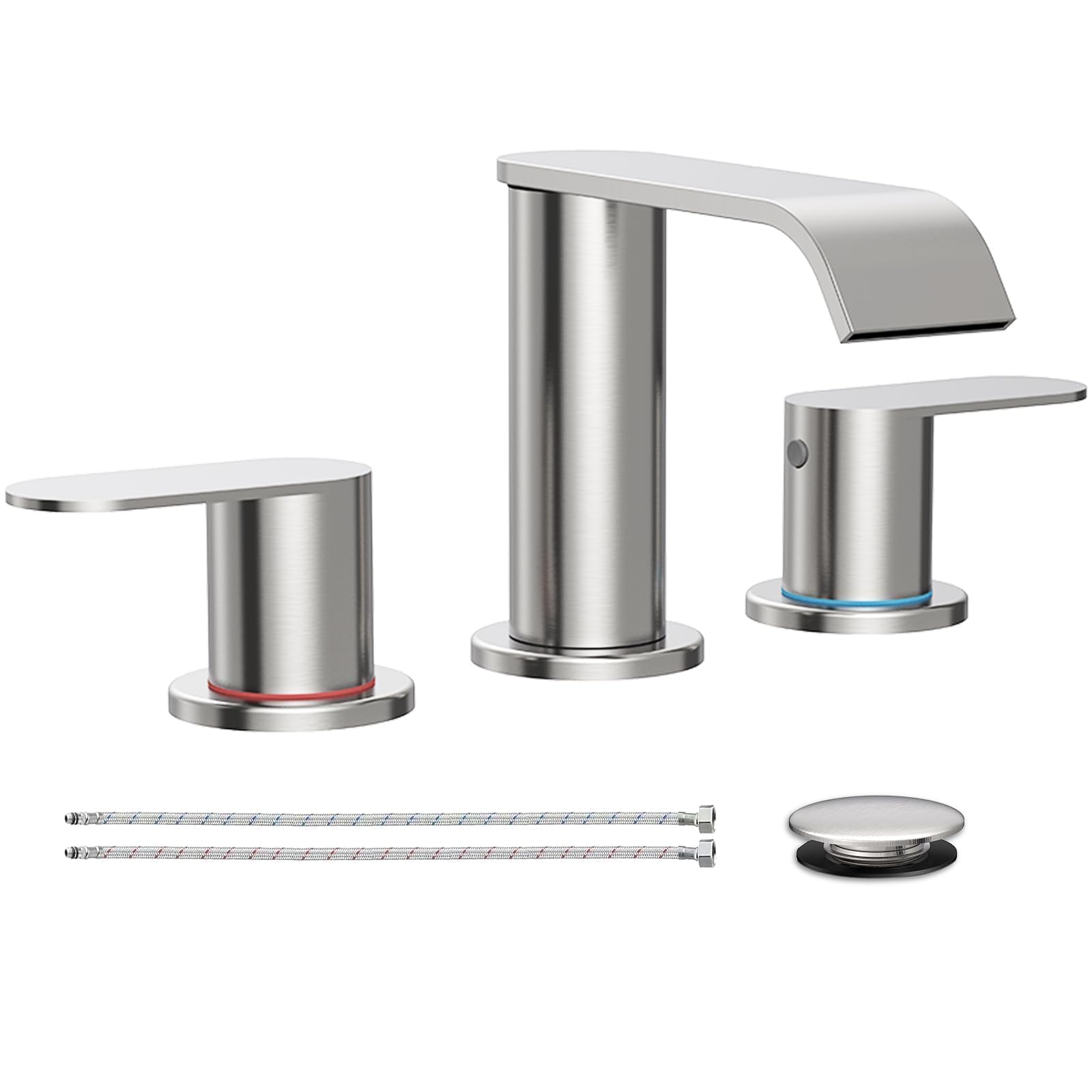 Sxithgkdw Brushed Nickel Waterfall Bathroom Faucet For Sink 3 Hole Widespread Bathroom Sink Faucets With Pop-Up Drain And Supply Lines Stainless Steel 2-Handle Bathroom Sink Faucet For Bath Vanity