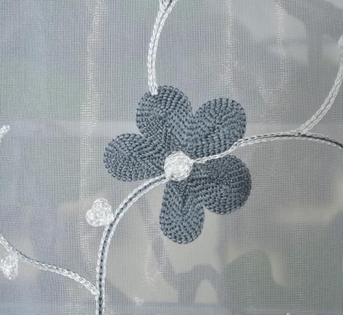 Image of Embroidered Floral Sheer Net Curtain for Window - 5x4 Feet - Transparent Grey Net Curtain - Pack of 1 - Elegant Lightweight Decor for Living Room & Bedroom