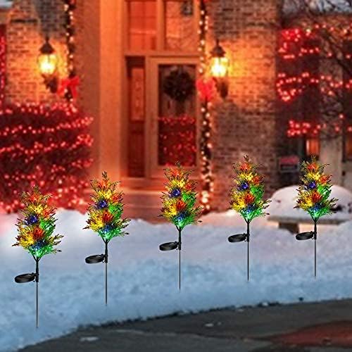 Solar Lights Outdoor Garden 2PCS, Solar Ground Lights IP65 Waterproof, Yard Decoration Solar Power Stake Led Outdoor Lighting Colourful Flickering Pine Lights for Yard Patio Lawn Pathway Christmas