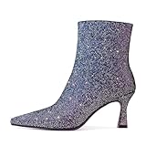 Migpuel Glitter Booties for Women Pointed Toe Kitten Heels Sparkling Sequin Ankle Boots Side Zipper Party Wedding Prom Fall Winter Dress Boot Shoes Blue,8