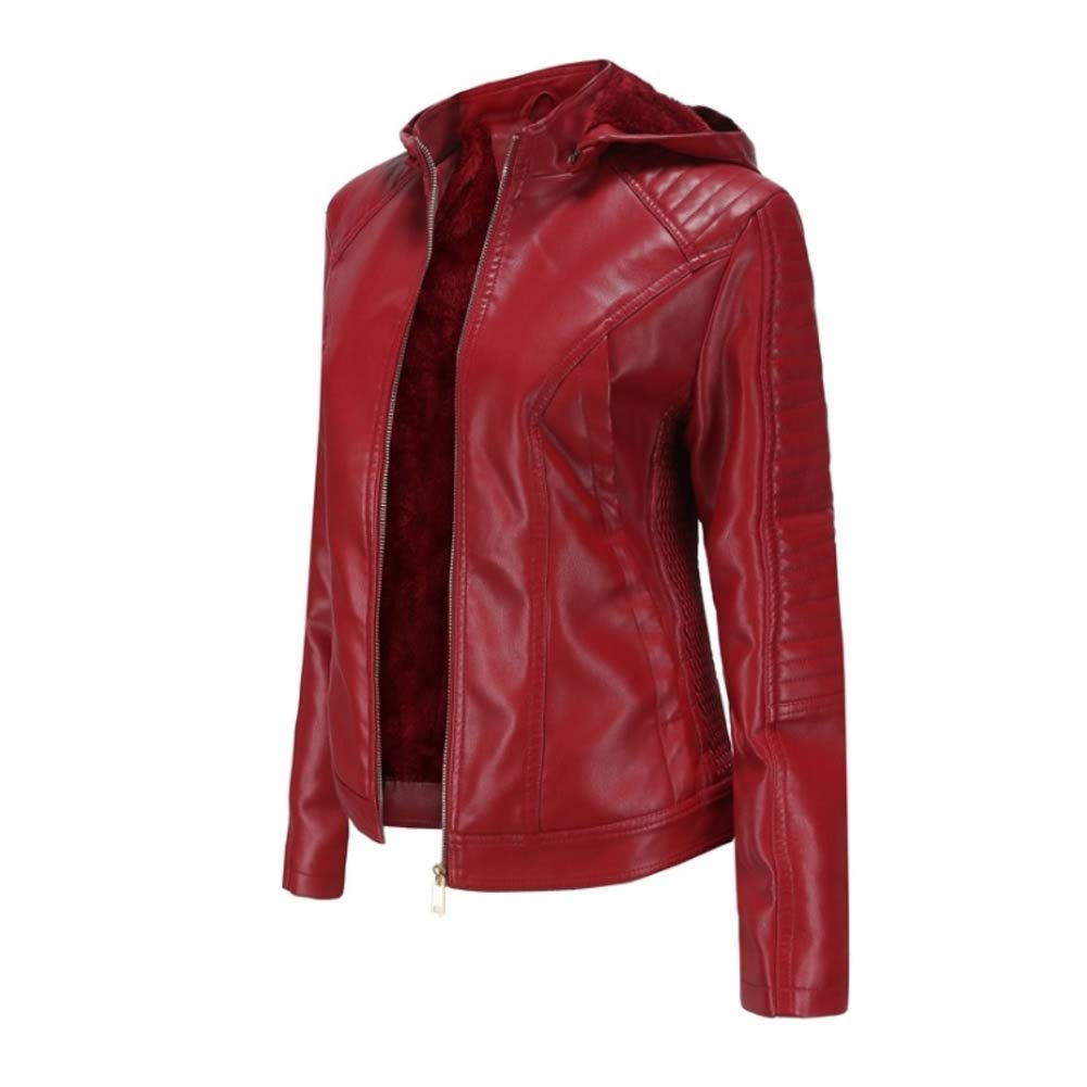 E-Girl Veste Blouson décontractée Simili Cuir Synthétique Court Femme Blouson À capuche Coupe Ajustée fermeture éclair Automne et hiver,P6677 | Doublure polaire, épaules matelassées, poignets zippés, poches latérales. Veste hiver, blouson capuche