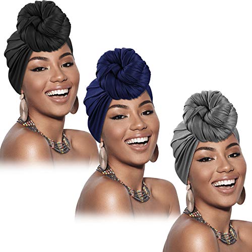 3 Pieces Hair Wrap for Women Long Head Wrap Large Stretch Soft Edge Scarves African Turban Solid Colors Headwraps Headband for Braids Dreadlock Women Girls (Black, Blue, Gray)