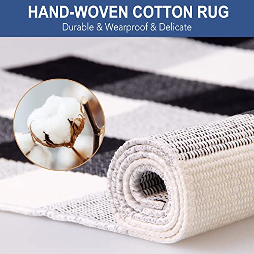 Bedelite Buffalo Plaid Rug 23.6X51.2 Inches, Washable Hand Woven Braided Cotton Front Door Mat Indoor Outdoor, Farmhouse Checked Black White Area Rug For Entryway, Living Room, Kitchen, Porch Decor #TOP2