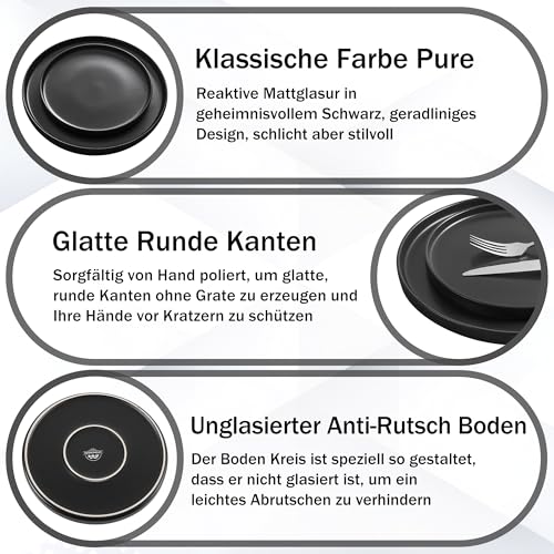 Homikit Geschirrset 6 Personen, 18-tlg Steinzeug Geschirr Set Tafelservice, Essgeschirr mit Speiseteller Dessertteller Müslischüsseln, Mikrowellen- und Spülmaschinenfest, Kratzfest, Mysterium Schwarz