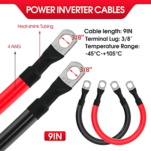 4 AWG Battery Cable 4AWG Gauge Pure Copper Battery Inverter Cables with 3/8 in Lugs Both Ends Power Inverter Wire Set for Automotive Solar Marine Boat RV Car Motorcycle Red and Black (9in) - Thumbnail 2