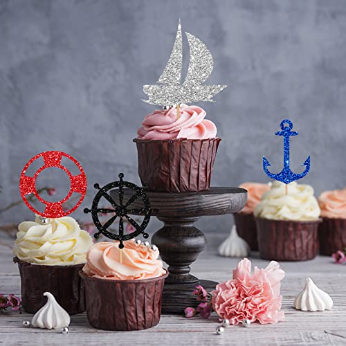 Nautical Theme Cupcake Toppers, Black & Blue Glitter Baby Shower Cupcake Picks, Cake Decorations For Ocean Theme Birthday/Sailing Party - 24Pcs #TOP4
