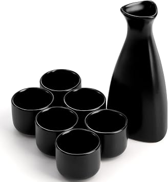 Tosnail Small Ceramic Japanese Sake Set, 1 Serving Carafe and 6 Cups, Black | Ideal Gift for Sake Lover, Smooth Glazed, Triangular-Shaped Carafe