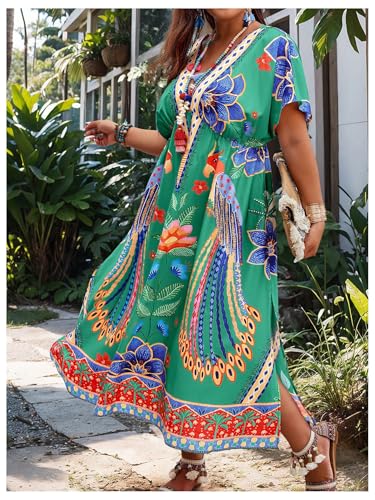 Image of Floerns Women's Plus Size Tribal Print Dolman Sleeve Slit Summer Maxi A Line Dress