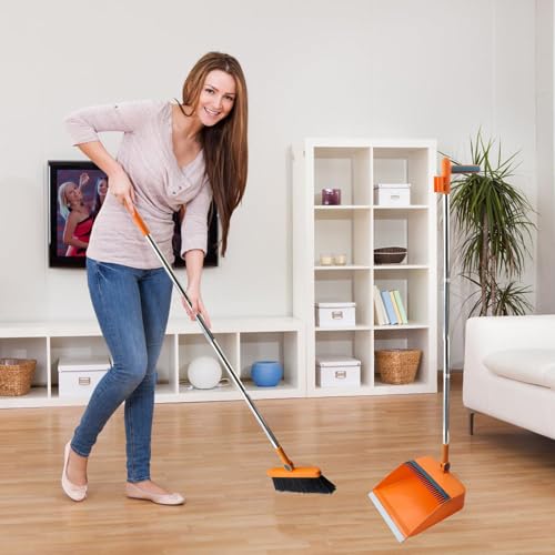 FKKFSS Kehrschaufel und Besen mit langem Griff, winddicht, vertikale Verlängerungsstange, schwenkbares Besen-Set – Orange – Bild 7