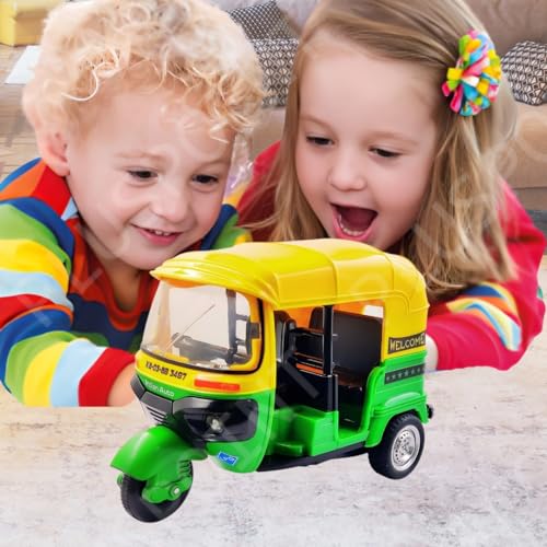 Image of PLUSPOINT Auto Rickshaw Toy,with Pull Back Action City Traffic Vehicles Public Transport Toy with Light and Sound for Aged 3 4 5 6 Boys and Girls,Kids Party Favors Gifts (Green)