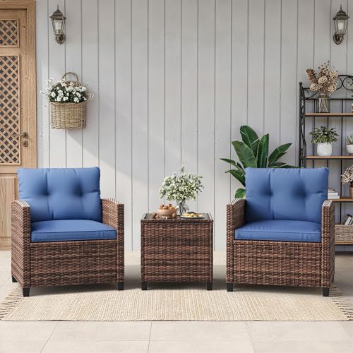 3-Piece Patio Furniture Set, Outdoor PE Rattan Chair with Washable Cushions and Tempered Glass Table Set, All-Weather Conversation Bistro Set for Porch, Garden, Balcony, Deck