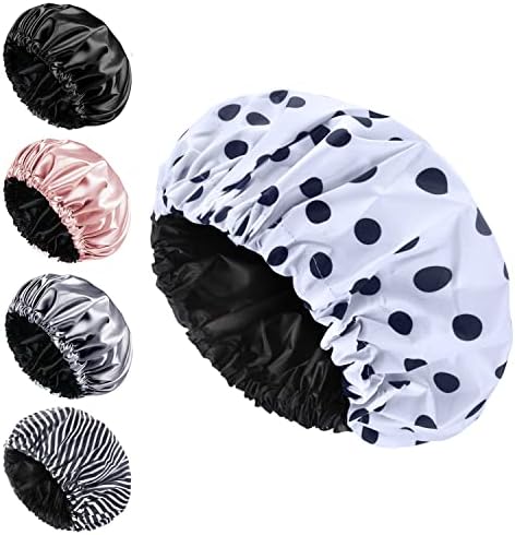 DAZUINIAO Shower Cap for Women Large Double Layer Reusable Waterproof Adjustable Satin Lined Shower Cap for Long Hair (Polka Dot)