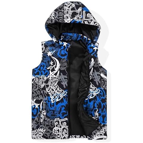 SUNDAY ROSE Boys Girls Hooded Puffer Vest Lightweight Sleeveless Quilted Waistcoat Outerwear Blue White Graffiti Size 14 Cover