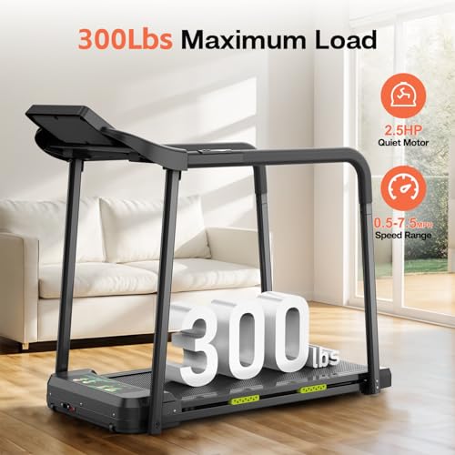 Image of Black Walking Pad Treadmill for Senior, Foldable Exercise Treadmill with Long Safety Handrail & Large LED Display, 300 Lbs Capacity Portable Treadmill for Home Use, 53.35x25.59x43.31 Inches