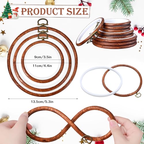 DoubleFill 9 Pcs Round Embroidery Hoops Sizes from 3.5 in to 5.3 in Frame Circle Rubber Hoops Ring Hanging Display Cross Stitch Ornament Gift Vintage Imitated Wood Frame Kits for Craft Sewing Gifts