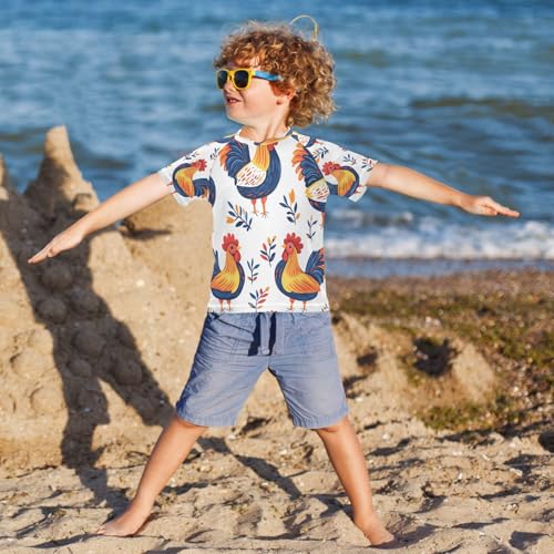 Boys Short Sleeve T-Shirts Rooster White Chicken Rashguard Kids Swim Shirts Sun UPF 50+4