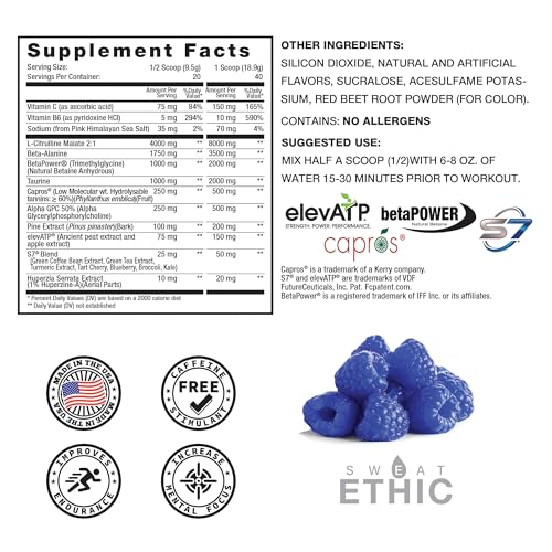Image of Sweat Ethic Pump Pre Workout Powder, Caffeine Free Pre Workout With Citrulline Malate, Betapower, Beta Alanine, Capros Indian Gooseberry, and Alpha Gpc, Easy to Mix, Blue Raspberry Flavor, 42 Servings