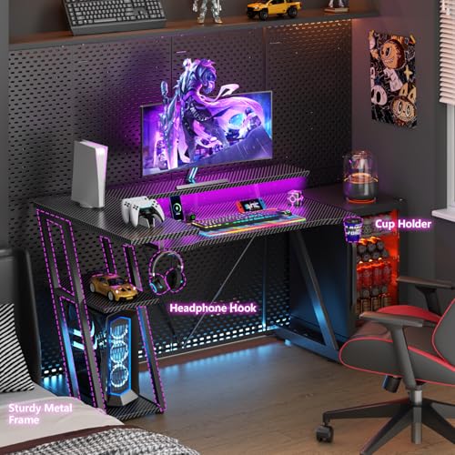Image of Korfile 47 Inch Gaming Desk with Power Outlet & LED Lights, Corner Computer Desk with 3 Tiers Storage Shelves, Home Office Desk with Monitor Stand for Small Space, Carbon Fiber Black