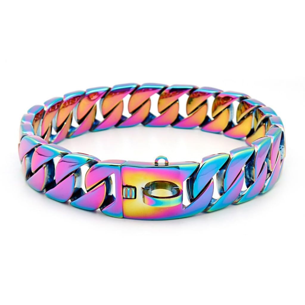 AOBUJDUB Big Dog Chain Collar, 32mm Cuban Chain Link Collar with Design Safety Buckle, Chew Proof Heavy Duty Pitbull Collar for Medium and Large Dog(#E,60cm)