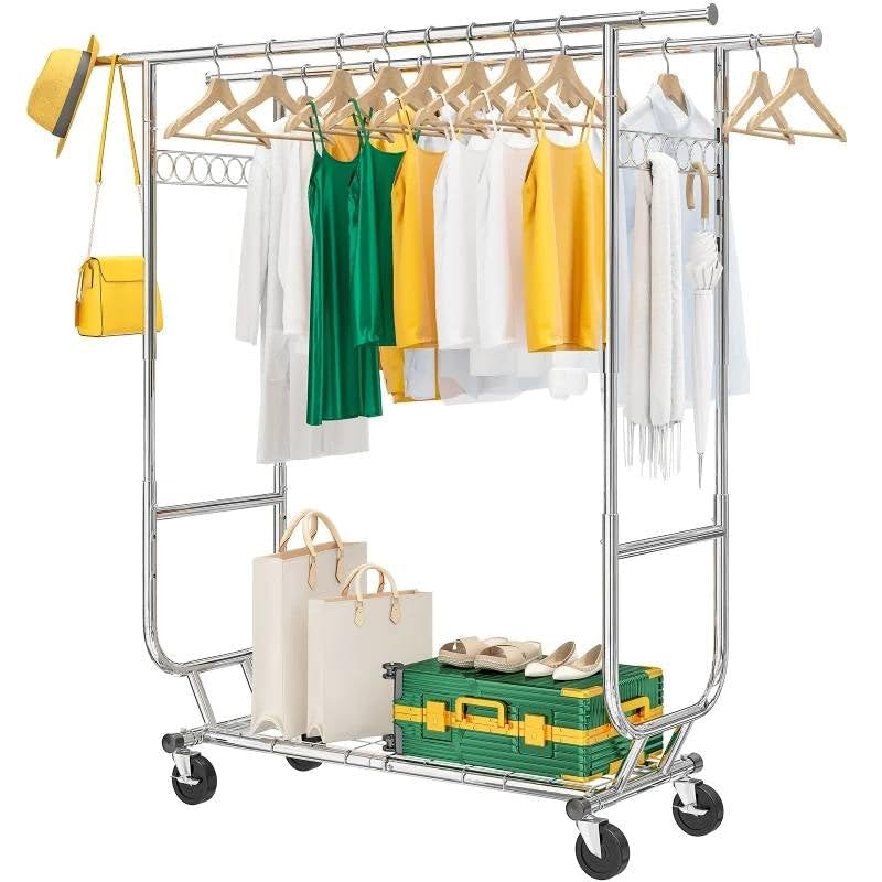 Heavy Duty Double Bar Clothes Garment Rack on Wheels - 600 lbs Capacity New