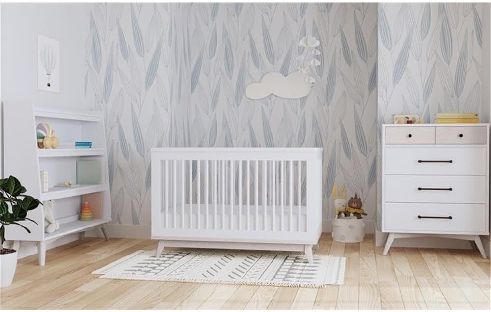 Pemberly Row Contemporary Wood 4-Drawer Chest, 44.13" H x 34" W x 19" D, Ash Linen White Finish, Durable Steel Drawer Guides, Spacious Bedroom or Nursery Organization Furniture