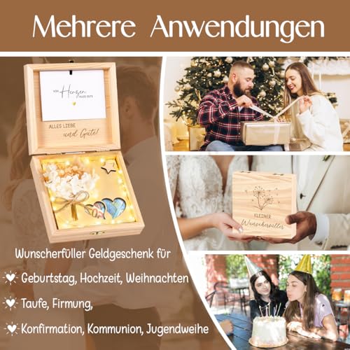 Wunscherfüller Geldgeschenk Verpackung aus Holz - „Kleiner Wunscherfüller“ Geschenkbox mit LED Lichterkette, Kreatives Geldgeschenk für Geburtstag Hochzeit Weihnachten Konfirmation Jugendweihe