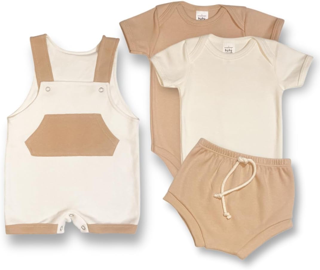 KIT Enxoval Brisa com 4 Peças Suedine 100% Algodão Jardineira, Tapa Fralda e Body Bebê