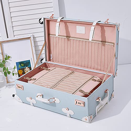 Image of UNIWALKER Vintage Suitcase Set for Women, 2 Piece Handcraft Leather Spinner Trunk Luggage with Cosmetic Train Case, 24 inch+12 inch, Embossed Blue