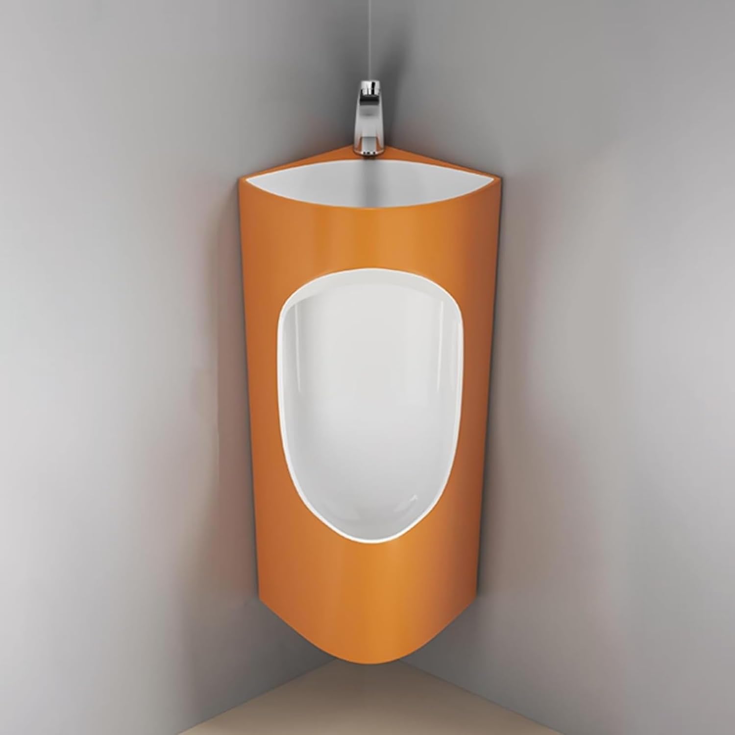 Corner Ceramic Urinal with Integrated Wash Basin and Sensor Faucet,2-in-1 Wall-Mounted Urinals for Men,Water-Saving Men's Urinal for Garage, Commercial & Home(Orange,Wall-mounted)