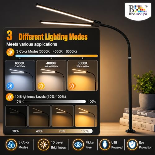 Image of BROLAVIYA Overhead LED 2 Head Dimmable Desk Aluminium Frame Lamp Extra-Long Height Light with Multi-Angle Rotation,3 Lighting Modes for Home, Office, Desktop,Bedroom, Reading,etc