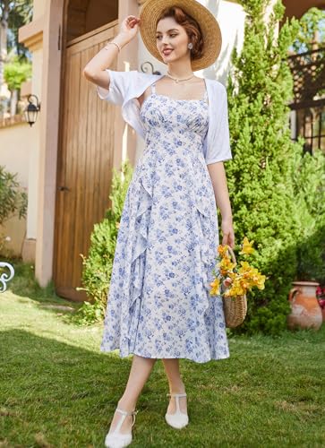Belle Poque Plus Size Sun Dresses for Women 2024 Midi A Line Dresses Boho Summer Dress Floral Midi Dress Blue Floral 2XL — view 2