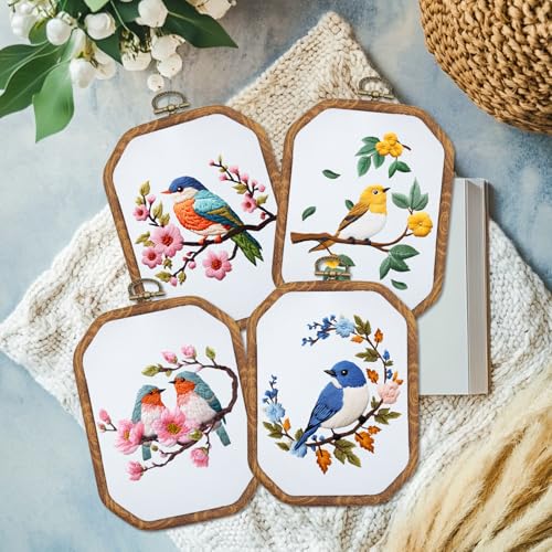 Image of ORIGACH 4 Set Embroidery Kit for Beginners Adults, DIY Hummingbird and Flower Embroidery Starter Kit with Stamped Patterns Instructions Embroidery Hoop Needles Threads for Crafting