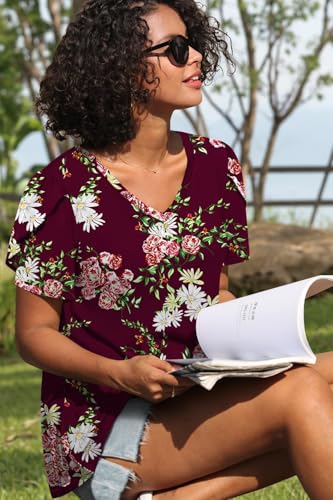 Image of CATHY 2026 Women Tops Summer Short Sleeve Tunic V Neck T-Shirts Loose Casual Floral Blouse S-4XL