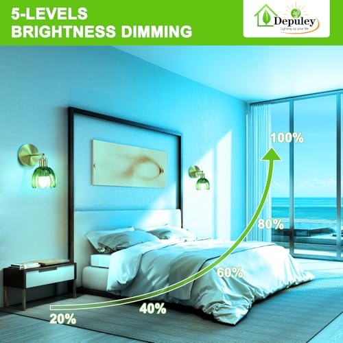 Image of Depuley Battery Operated Wall Sconce: Set of 2 Wireless Wall Lights with Tulip Glass Lampshade for Bedroom - Rechargeable 15 Colors Gold Wall Lamp for Living Room Doorway Home Decor - Green