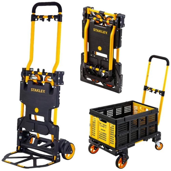Stanley Diable et Caisse à provisions - Chariot de Transport 2 en 1-137 kg - Chariot à Plateforme Pliable avec Caisse de 50 l - Compact et Mobile - Noir/Jaune