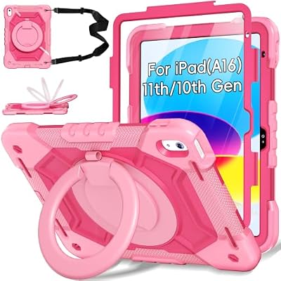 Andnary Case for iPad (A16) 11th/10th Generation 11/10.9 Inch 2025/2022 with Screen Protector/360° Rotate Stand/Pencil Holder/Shoulder Strap, Shockproof iPad 11th/10th Gen Cover (Pink+Rose Red)