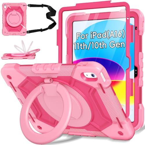 Andnary Case for iPad (A16) 11th/10th Generation 11/10.9 Inch 2025/2022 with Screen Protector/360° Rotate Stand/Pencil Holder/Shoulder Strap, Shockproof iPad 11th/10th Gen Cover (Pink+Rose Red)