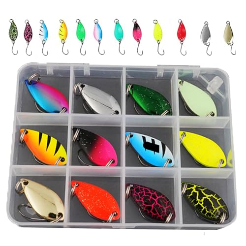 Unique Trout Fishing Spoon Set, Wanfoou 12 Pcs Fishing Lure Kits Spoon Spinners for Mini Spinners Lure with Single Hook Colorful Jig for Bass Crappie Char