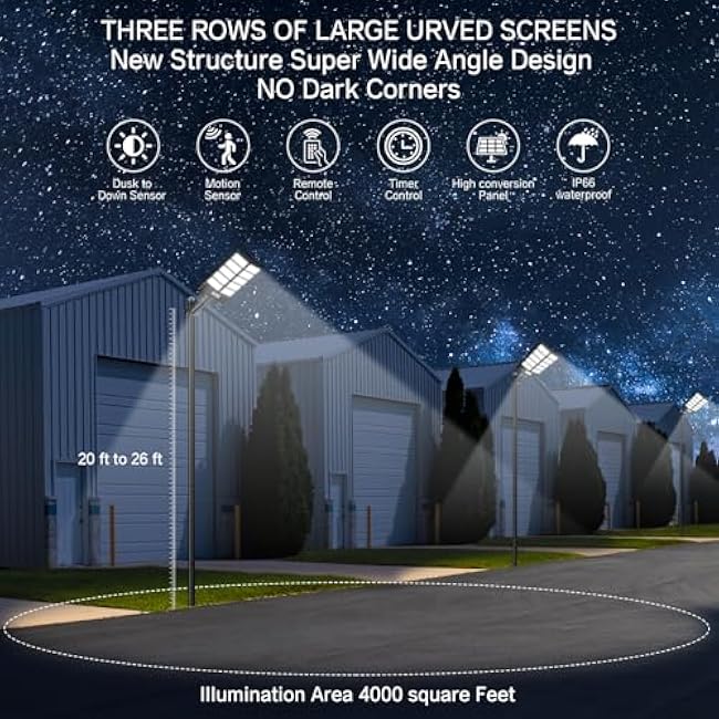 Solar Street Light 8000W, Street Light Outdoor High Lumens, Parking Lot Lights 6500K, Solar Lights Outdoor Motion Sensor Dusk to Dawn for Parking Lot with Remote Control, 1 Pack