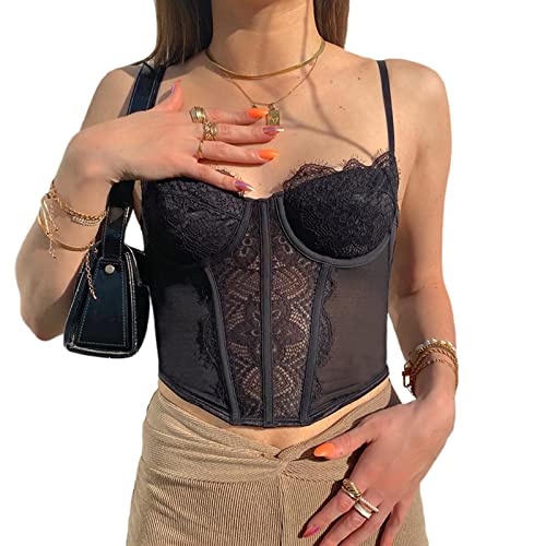 Lace Corset Tops for Women Patchwork V Neck Cami Top Spaghetti Strap Push Up Bustier AestheticÂ Summer Tops(A Lace Back,Small)