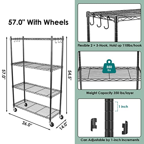 Image of WDT 4-Tier Storage Shelves, Heavy Duty Metal Shelves Wire Rack Shelving Unit, Adjustable Shelf with Wheels for Home Office Garage Kitchen Shelf, 36 inch D x 14 inch W x 58 inch H