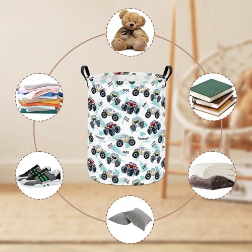 Image of Monster Truck Fabric Storage Bin Nursery Organizer Basket | Organizer Bin Dirty Clothes Collapsible Waterproof for College Dorms, Boys and Girls Bedroom,Bathroom