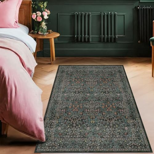 Image of Vintage Floral Dark Green 3x5 Area Rugs for Entryway, Kitchen, Bedroom Beside Rug, Laundry Room, Non-Slip Low Pile Ultra Soft Stain Resistant Small Carpet