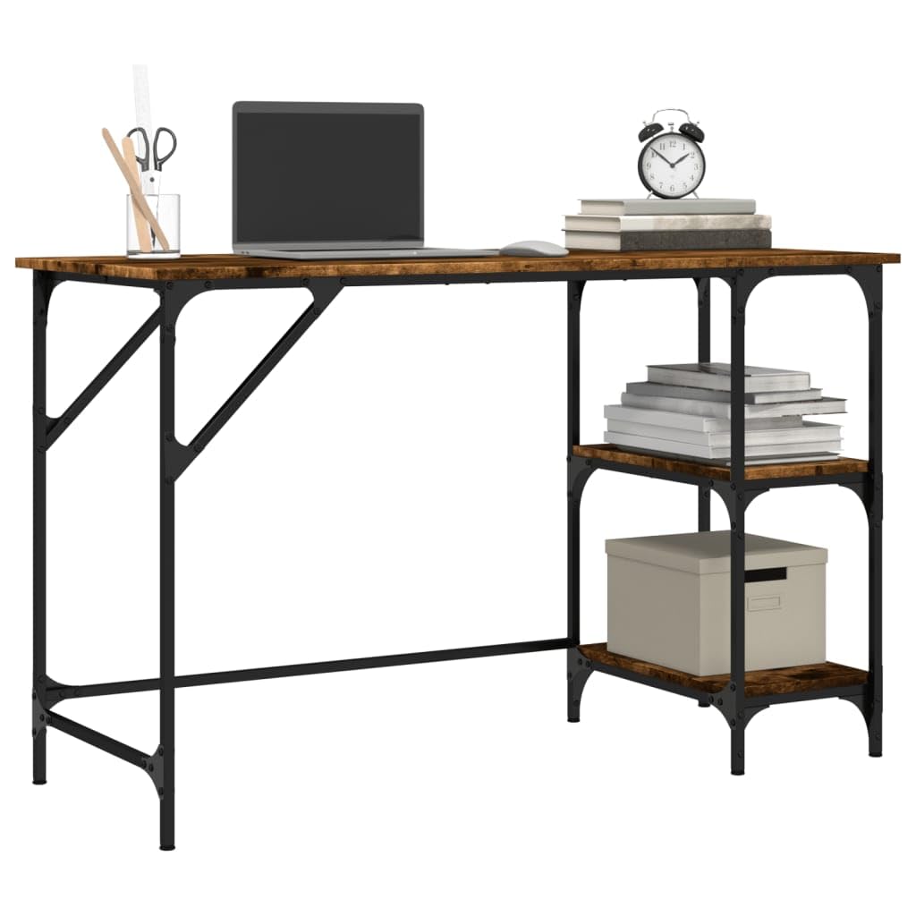 Escritorio de roble ahumado de 120 x 50 x 75 cm con marco de metal y patas ajustables, amplia superficie de trabajo, estante extraíble, mesa de ordenador estable para oficina, oficina en casa