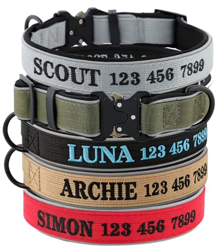 Personalized Tactical Dog Collar, Reflective Custom Embroidered Dog Collar with Name & Phone Number, Adjustable Heavy Duty ID Pet Collar for Small Medium Large Dogs