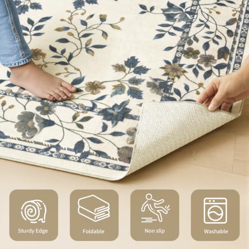 UKISS Washable Rugs 5'x7' Area Rugs for Living Room ，Ultra Silky Floral Rug for Bedroom, Vintage Indoor Floor Large Area Rug，Non Slip Low Pile Carpets for Home Office Blue - image 6