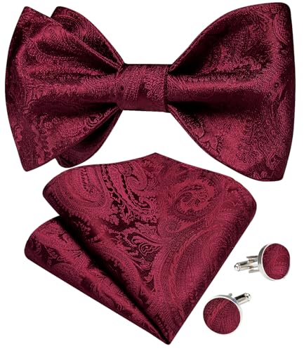 Image of DiBanGu Men Bow Tie Paisley Striped Self-Bow Tie for Men and Silk Woven Bowtie Pocket Square Cufflinks Wedding Party