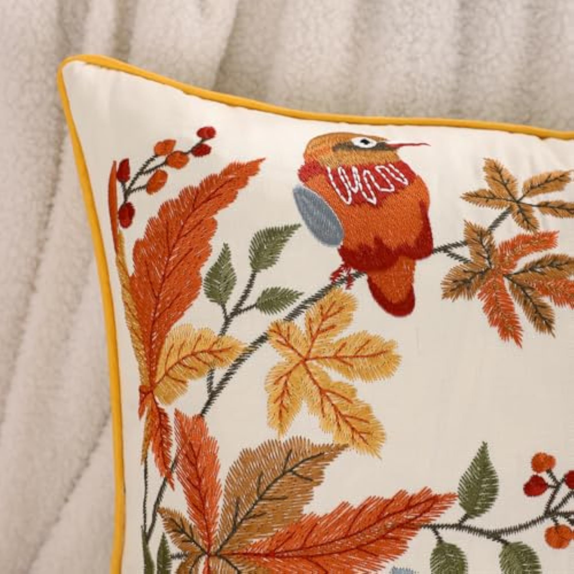 Fall Embroidered Vintage Birds Throw Pillow Covers, Pack of 2