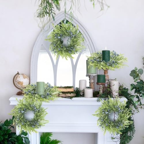 Image of 6 Pcs Mini Blueberry Wreaths Candle Rings Artificial Spring Summer Candle Wreaths for Pillars Rustic Wedding Farmhouse Wreath Table Centerpiece Decoration for Cabinet Kitchen Front Door Home Decor