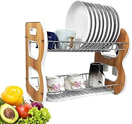 Eqons 2-Tier Dish Rack and Drain Board, Kitchen Chrome Cup Basket Dish Drying Rack Tray Cutlery Dish Drainer (Brown)